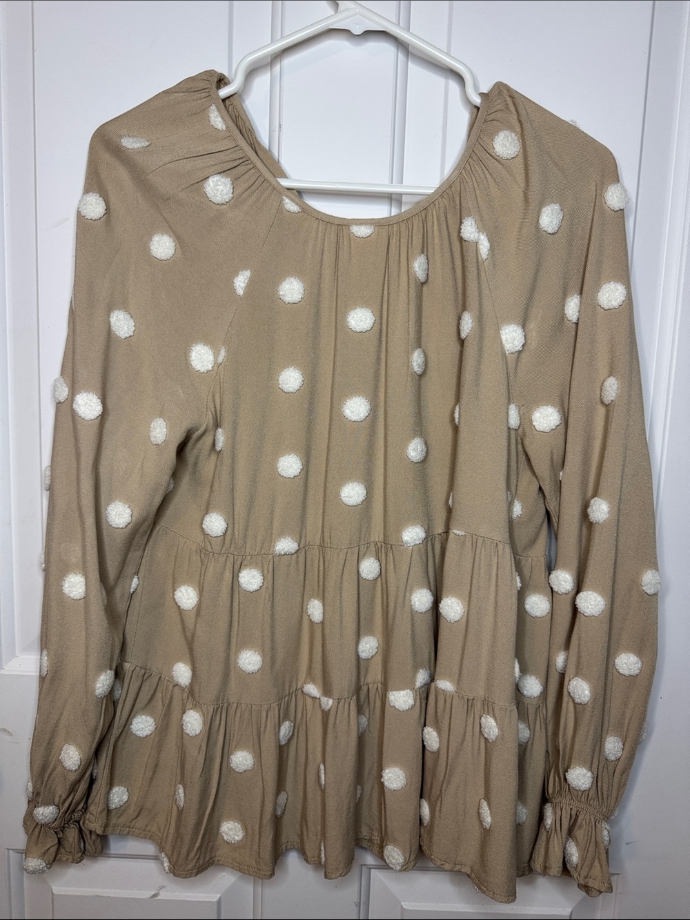 Blu Pepper Beige Dress with White Pom Dot Tiered Skirt